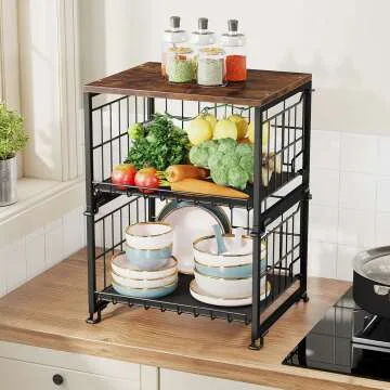 2-Tier Wire Basket with Bamboo Top for Kitchen