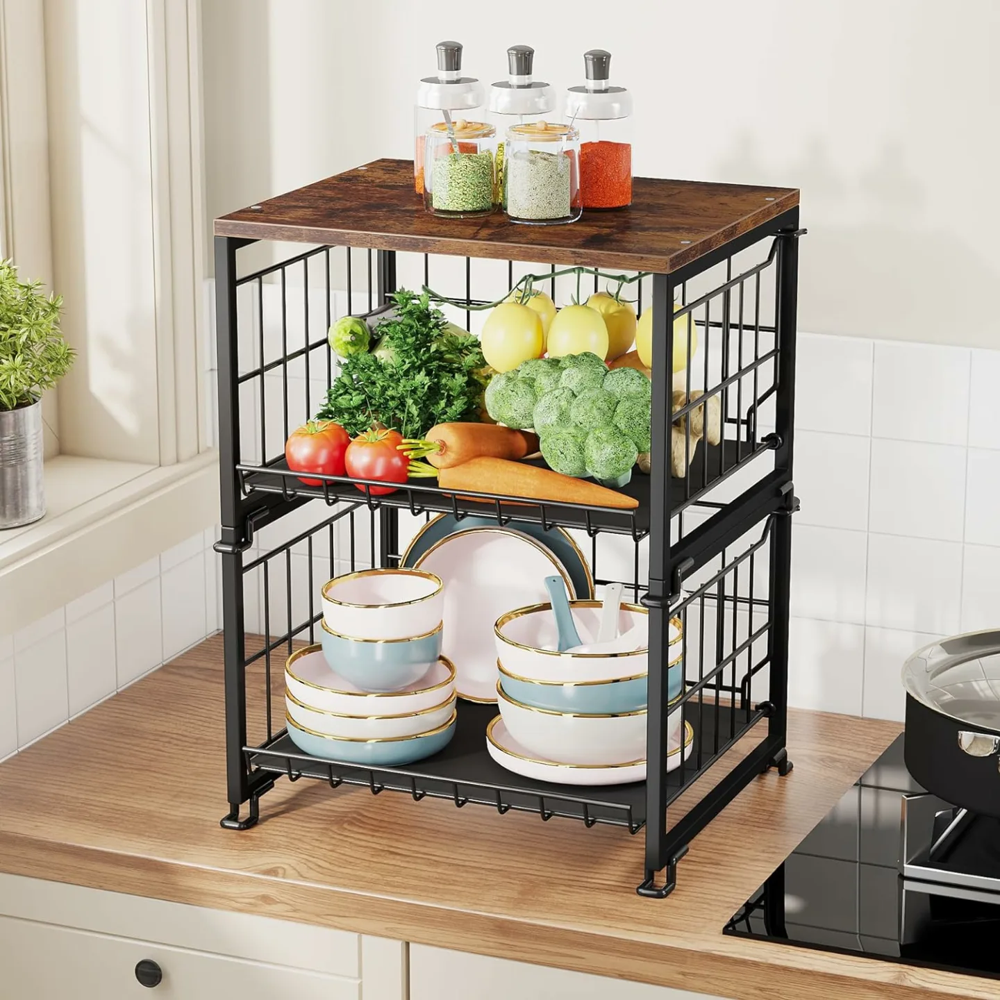 2-Tier Wire Basket with Bamboo Top for Kitchen
