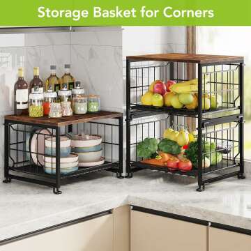 2-Tier Wire Basket with Bamboo Top for Kitchen