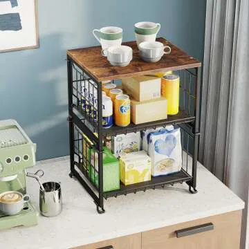 2-Tier Wire Basket with Bamboo Top for Kitchen