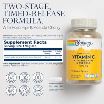 Solaray Vitamin C 1000mg Time Release Capsules - Vegan Immune Support with Rose Hips & Acerola