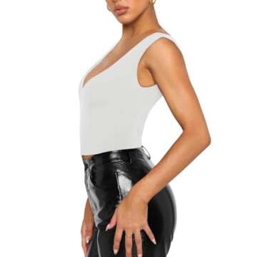 REORIA Women's Summer Sexy Plunge Deep V Neck Double Lined Sleeveless Backless Slim Fitted Cami Camisole Going Out Cropped Tank Top Trendy Basic Crop Tops White X-Large