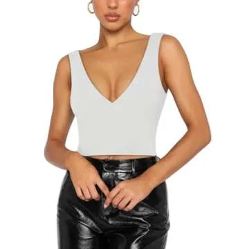 REORIA Women's Summer Sexy Plunge Deep V Neck Double Lined Sleeveless Backless Slim Fitted Cami Camisole Going Out Cropped Tank Top Trendy Basic Crop Tops White X-Large