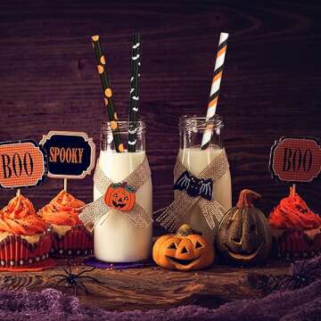 ALINK 100 Counts Halloween Paper Straws, 10 Styles Black White Orange Purple Biodegradable Party Drinking Straws with Stripe, Wave, Dots, Skull Head, Ghost, Bats, Pumpkin, Spider Design