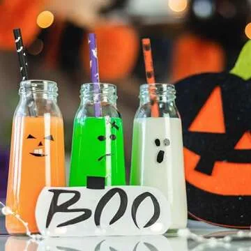 ALINK 100 Counts Halloween Paper Straws, 10 Styles Black White Orange Purple Biodegradable Party Drinking Straws with Stripe, Wave, Dots, Skull Head, Ghost, Bats, Pumpkin, Spider Design