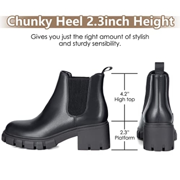 Athlefit Women's Chelsea Boots Fashion Lug Sole Chunky Heel Slip on Elastic Ankle Black Booties Size 8
