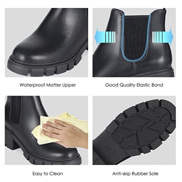 Athlefit Women's Chelsea Boots Fashion Lug Sole Chunky Heel Slip on Elastic Ankle Black Booties Size 8