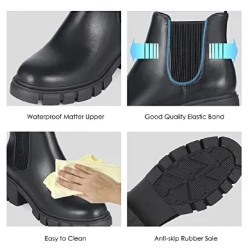 Athlefit Women's Chelsea Boots Fashion Lug Sole Chunky Heel Slip on Elastic Ankle Black Booties Size 8