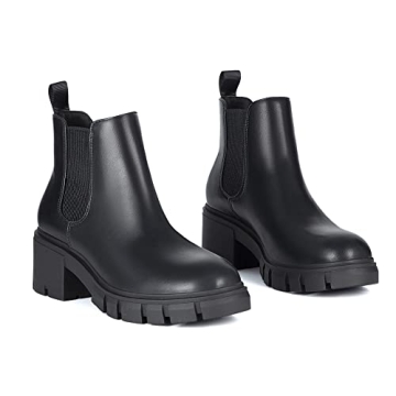 Athlefit Women's Chelsea Boots Fashion Lug Sole Chunky Heel Slip on Elastic Ankle Black Booties Size 8