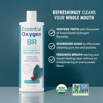 Essential Oxygen Certified BR Organic Brushing Rinse, All Natural Mouthwash for Whiter Teeth, Freshe...