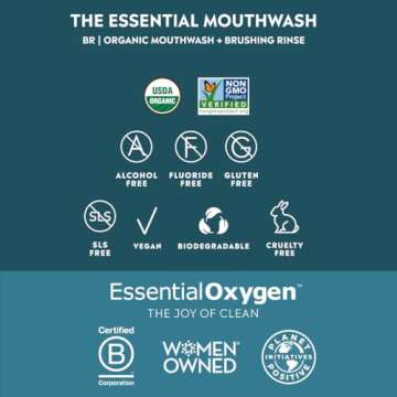 Essential Oxygen Certified BR Organic Brushing Rinse, All Natural Mouthwash for Whiter Teeth, Fresher Breath, and Happier Gums, Alcohol-Free Oral Care, Wintergreen, 16 Ounce