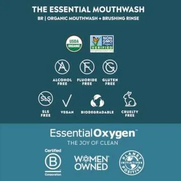 Essential Oxygen Certified BR Organic Brushing Rinse, All Natural Mouthwash for Whiter Teeth, Fresher Breath, and Happier Gums, Alcohol-Free Oral Care, Wintergreen, 16 Ounce
