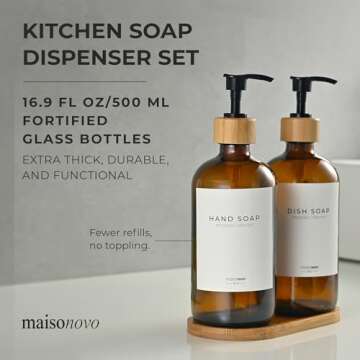 MaisoNovo Soap Dispenser 3-Piece Set | 16.9oz Amber Bottles with Black Bamboo Pumps