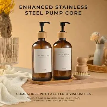 MaisoNovo Soap Dispenser 3-Piece Set | 16.9oz Amber Bottles with Black Bamboo Pumps