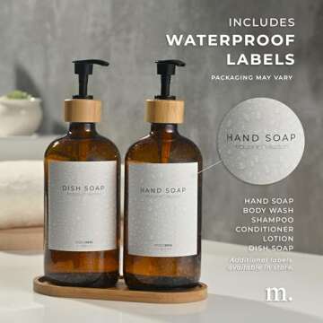 MaisoNovo Soap Dispenser 3-Piece Set | 16.9oz Amber Bottles with Black Bamboo Pumps