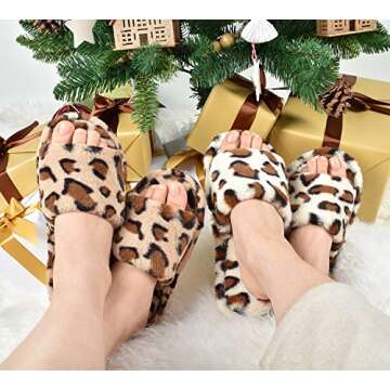 LOOPUINHOM Womens House Fuzzy Slippers Leopard Open Toe Comfy Anti-Slip Memory Foam Sandals Slides Bedroom Shoes Spa Indoor Outdoor