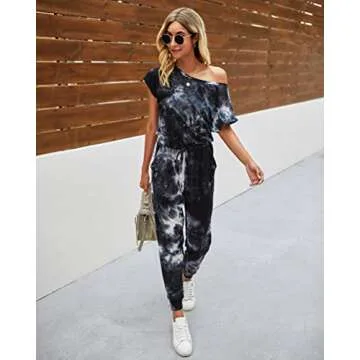 PRETTYGARDEN Women's Loose Solid Off Shoulder Elastic Waist Stretchy Long Romper Jumpsuit (Tie Dye-black,Medium)