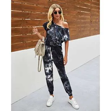 PRETTYGARDEN Women's Loose Solid Off Shoulder Elastic Waist Stretchy Long Romper Jumpsuit (Tie Dye-black,Medium)