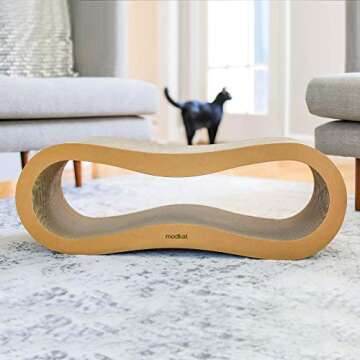 Modkat® 2 Cat Scratcher Set. Large (30L X 10.6H in.) and Small (26.6L X 7H in.) Sizes. Scratch, Play Lounge. High-Grade Cardboard, 100% Recyclable, Reversible.