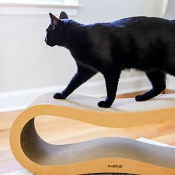 Modkat® 2 Cat Scratcher Set. Large (30L X 10.6H in.) and Small (26.6L X 7H in.) Sizes. Scratch, Play Lounge. High-Grade Cardboard, 100% Recyclable, Reversible.