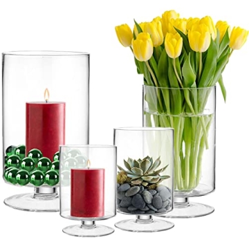 CYS EXCEL Glass Hurricane Pillar Candle Holders (H:6" W:3.75", 2 PCS) | Multiple Size Choices Short Stem Candle Jars | Stemmed Glass Cylinder Candle Vase