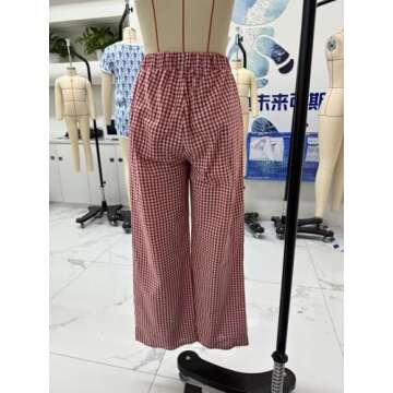 Women Y2K Plaid Wide Leg Pants High Waist Elastic Waist Baggy Casual Pants Loose Trousers Trendy Sweatpants Bottoms (Red, M)