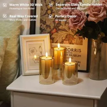 NURADA Flameless Candles with Remote Timer - Glass Real Wax 3D Wick LED Pillar Votive Candle Set Battery Operated Flickering Light for Home Christmas Decoration - Gold 3 Pack