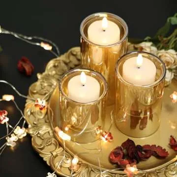 NURADA Flameless Candles with Remote Timer - Glass Real Wax 3D Wick LED Pillar Votive Candle Set Battery Operated Flickering Light for Home Christmas Decoration - Gold 3 Pack