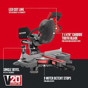 CRAFTSMAN V20 Cordless Sliding Miter Saw, 7-1/4 inch, Single Bevel, Battery and Charger Included (CM...