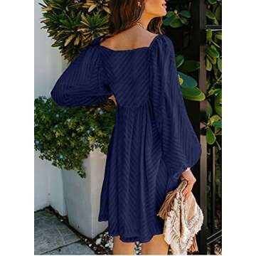 Happy Sailed Womens Tunic Dress Casual Loose Long Sleeve Square Neck Swing Babydoll Pompom Boho Dresses Navy Blue Large