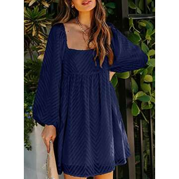 Happy Sailed Womens Tunic Dress Casual Loose Long Sleeve Square Neck Swing Babydoll Pompom Boho Dresses Navy Blue Large