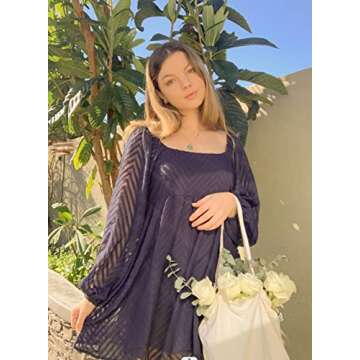 Happy Sailed Womens Tunic Dress Casual Loose Long Sleeve Square Neck Swing Babydoll Pompom Boho Dresses Navy Blue Large