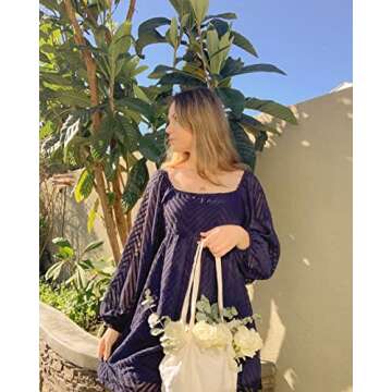 Happy Sailed Womens Tunic Dress Casual Loose Long Sleeve Square Neck Swing Babydoll Pompom Boho Dresses Navy Blue Large