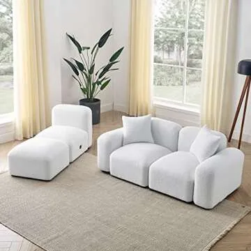 Taiweny Convertible Modular Sectional Sofa, Boucle Fabric L-Shaped Modern Bubble Couch with Ottoman, 3-Seater Sherpa Teddy Sofas for Living Room Apartment, 94”, White