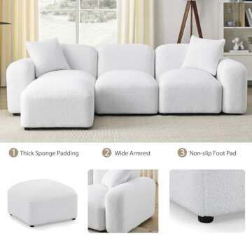 Taiweny Convertible Modular Sectional Sofa, Boucle Fabric L-Shaped Modern Bubble Couch with Ottoman, 3-Seater Sherpa Teddy Sofas for Living Room Apartment, 94”, White