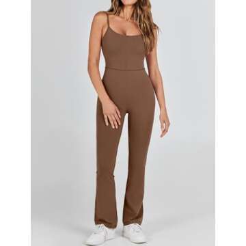 ANRABESS One Piece Jumpsuits for Women Casual Athletic Workout Yoga Bodycon Open Back Flare Unitard Jumpsuit 2024 Trendy Brown