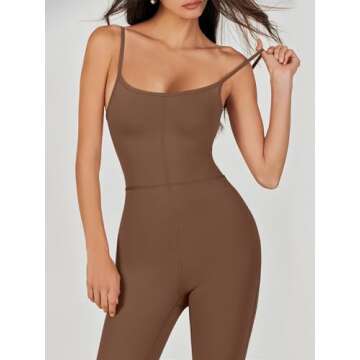 ANRABESS One Piece Jumpsuits for Women Casual Athletic Workout Yoga Bodycon Open Back Flare Unitard Jumpsuit 2024 Trendy Brown