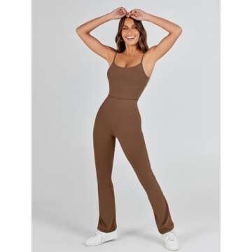 ANRABESS One Piece Jumpsuits for Women Casual Athletic Workout Yoga Bodycon Open Back Flare Unitard Jumpsuit 2024 Trendy Brown