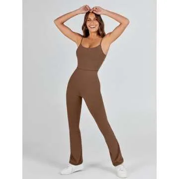 ANRABESS One Piece Jumpsuits for Women Casual Athletic Workout Yoga Bodycon Open Back Flare Unitard Jumpsuit 2024 Trendy Brown