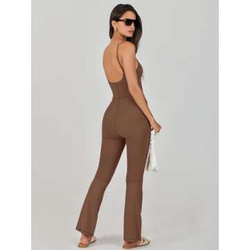 ANRABESS One Piece Jumpsuits for Women Casual Athletic Workout Yoga Bodycon Open Back Flare Unitard Jumpsuit 2024 Trendy Brown