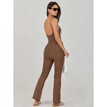 ANRABESS One Piece Jumpsuits for Women Casual Athletic Workout Yoga Bodycon Open Back Flare Unitard Jumpsuit 2024 Trendy Brown