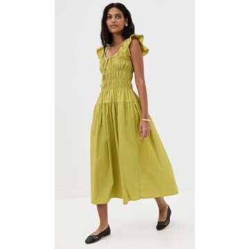 MOON RIVER Women's Ruffle Sleeve Shirred Midi Dress, Kiwi, Green, M