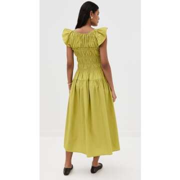 MOON RIVER Women's Ruffle Sleeve Shirred Midi Dress, Kiwi, Green, M