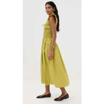 MOON RIVER Women's Ruffle Sleeve Shirred Midi Dress, Kiwi, Green, M