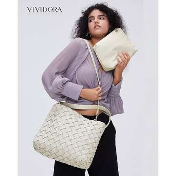 Vividora Woven Bag with Purse Set for Women, Vegan PU Leather Tote Bag Handmade Shoulder Bag Top-han...