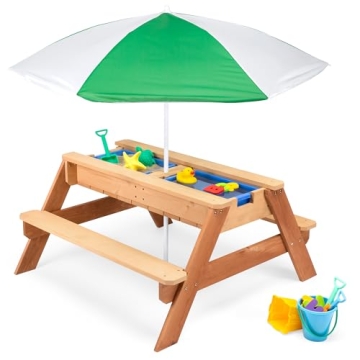 Best Choice Products Kids 3-in-1 Sand & Water Table, Wood Outdoor Convertible Picnic Table w/Umbrell...