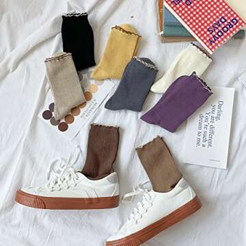 TeenFighter 8 Pairs of Cotton Crew Size Socks for Women in All Season, Ruffle Turn-Cuff Thin Knit Le...