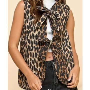 WEIIYONN Tie Front Vests for Women Graphic Cottagecore Women’s Padded Gilet Quilted Puffer Vest Sleeveless Bow Bands Tie Tops (Leopard-1,S,Small,Regular,Regular)