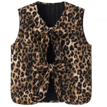 WEIIYONN Tie Front Vests for Women Graphic Cottagecore Women’s Padded Gilet Quilted Puffer Vest Sleeveless Bow Bands Tie Tops (Leopard-1,S,Small,Regular,Regular)