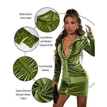 Womens Dresses Vintage Ruched Front Velvet Shirt Dress Collared Bodycon Midi Dress Y2K Fashion Fluorescent Green